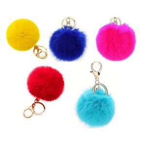 5 Colorful Faux Fur Pom Pom Gold Plated Key Chains Backpack Pulls